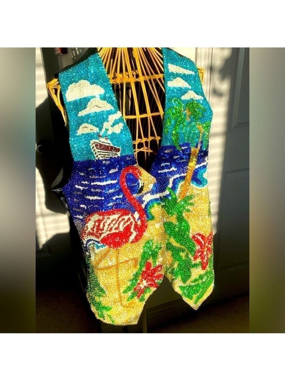 VTG FASHION FANTASY Flamingo Sequin Vest rare-tropical cruise beach motif XL